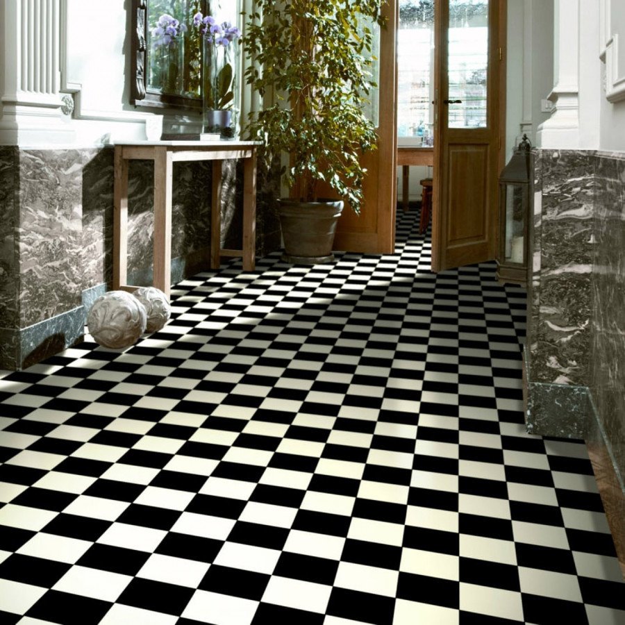 Anti Slip Black And White Tiles Effect Lino Flooring
