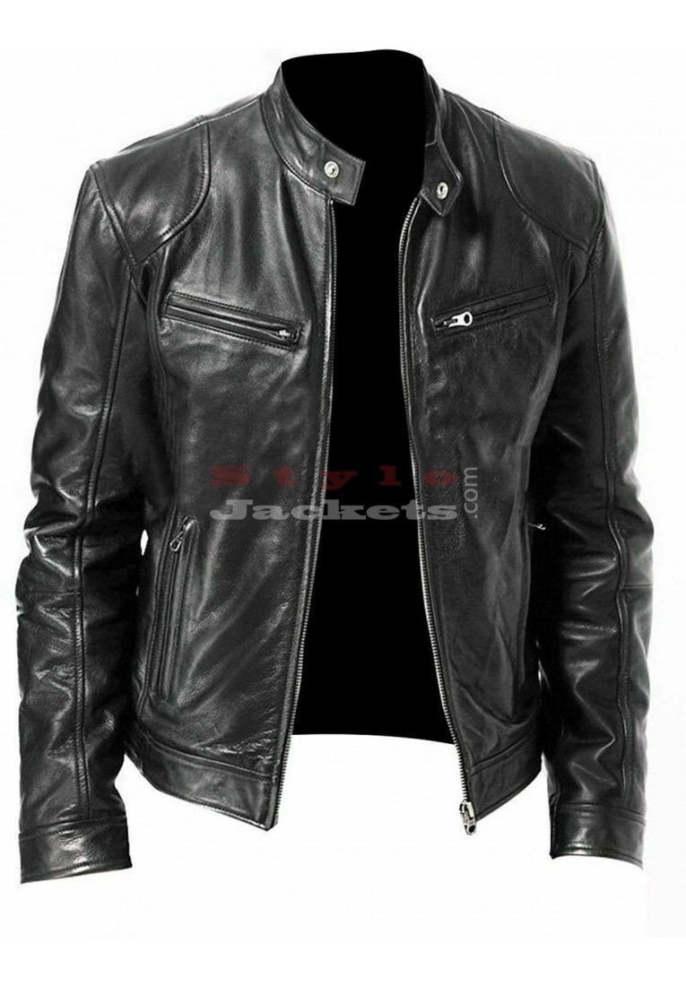 Men Vintage Cafe Racer Black Leather Jacket